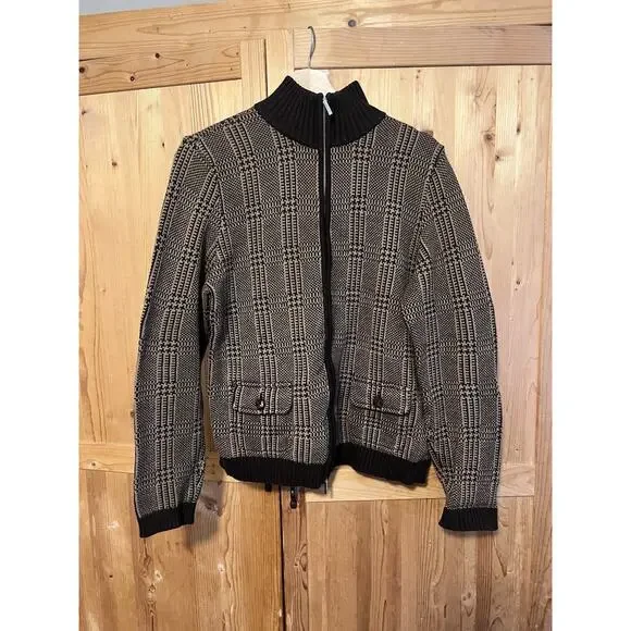 Lauren Ralph Lauren Brown Tan Houndstooth Plaid 100% Cotton Knit Zip Jacket XL - Picture 2 of 10